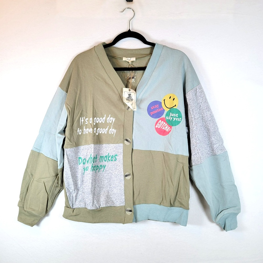 Easel Women Button Cardigan Sweater Top Size Medium Green Patchwork 90s Retro